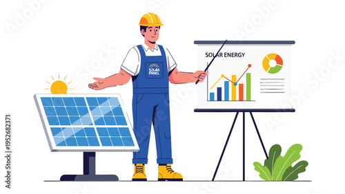 Solar Engineer's Presentation: A solar engineer, armed with a presentation, passionately educates viewers about solar energy, backed by an impressive graphical display