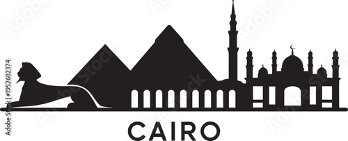Iconic Cairo skyline silhouette featuring pyramids, Sphinx, mosque, and minaret.