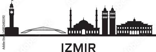 Izmir Turkey City Skyline Silhouette Vector Illustration Featuring Iconic Landmarks and Clock Tower
