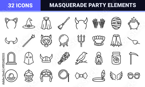 Halloween Costume Accessories and Masquerade Party Elements in Technical Monoline Aesthetic for Festive Branding and Event Design Graphics