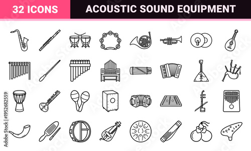 Classical and Folk Musical Instrument Monoline Outline Symbols for Orchestral Scoring and World Music Education Branding.