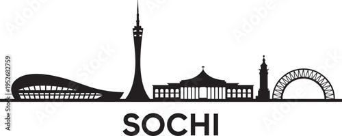 Slika na platnu Silhouette skyline graphic illustration of Sochi landmarks with city name text below