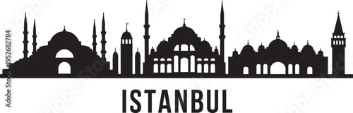 Stylized silhouette cityscape of Istanbul landmarks with minarets and domes, text below