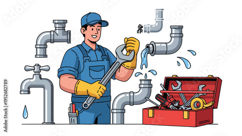 Handy Plumber at Work: A skilled plumber, expertly wielding a wrench amidst an array of plumbing components, repairs a leaking pipe with precision.