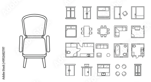 Detailed technical drawing of a chair with various views and parts, Generative AI.