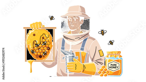 Honey Harvest: A dedicated individual, clad in protective gear, tending to a honeycomb with bees and jars of pure honey, capturing the essence of the apiary.