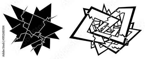 Broken glass shards and shattered geometric frame elements in sharp graphic style