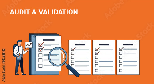 Professional audit and validation process features a person inspecting several checked documents with a large magnifying glass.