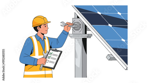 Solar Panel Technician: A skilled technician, equipped with a wrench and clipboard, meticulously inspects and maintains a solar panel.
