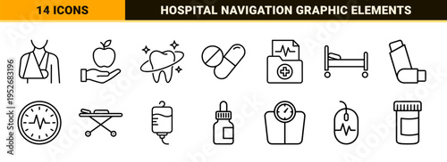 Medical Healthcare Monoline Symbols featuring Cardiology Nursing and Hospital Services in Sophisticated Minimalist Black Outline Style