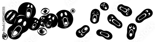 Screaming ghost spirits and distorted faces floating in dark space with horror expression style