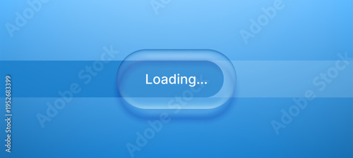 Blue loading bar with glass morphism effect. Progress indicator with translucent frosted element. Digital interface design element for web application. User experience UI element.