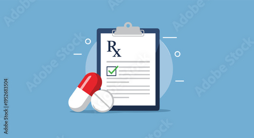 Healthcare and pharmacy concept features a medical prescription clipboard with checkmarks and red and white pills.