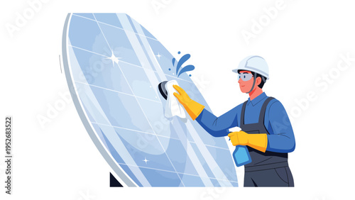 Solar Panel Maintenance: A worker in protective gear meticulously cleans a solar panel, demonstrating the vital upkeep required for renewable energy sources and sustainable practices.