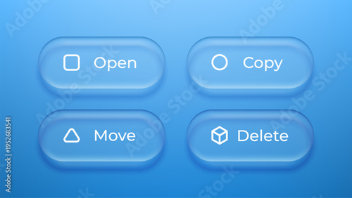 Glass morphism UI elements with interface buttons. Set of plastic translucent icons for software navigation. Modern web design layout with frosted glass effect and digital control icons.