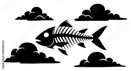 Fish skeleton floating among dark stylized clouds in surreal graphic style