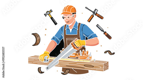 Craftsman at Work: A skilled craftsman, amidst a flurry of tools, expertly saws through a wooden plank, the focus on precision and mastery.