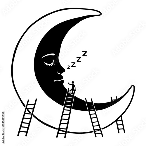 Sleeping crescent moon with ladders and tiny people climbing whimsical black and white style