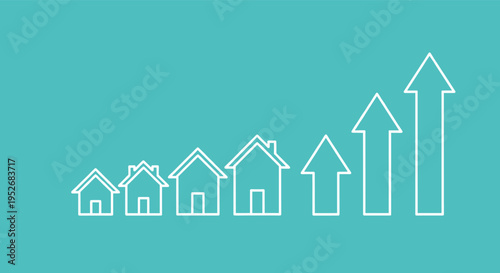 Minimalist outline graphic shows growing house shapes and rising arrows to symbolize increasing real estate values.
