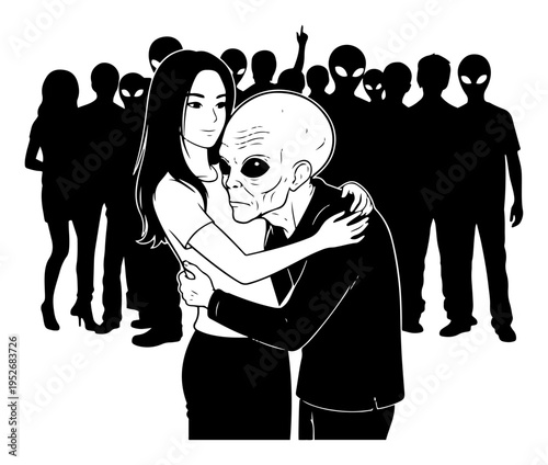 Young woman hugging an alien creature with silhouetted crowd in extraterrestrial sci-fi style