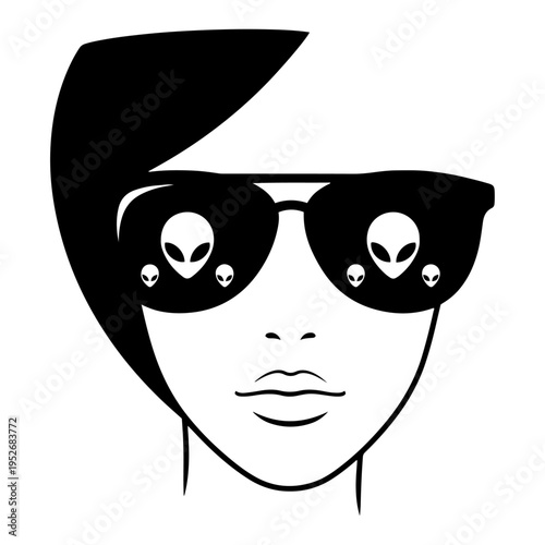 Woman wearing sunglasses with alien reflections on lenses minimalist black and white flat vector style