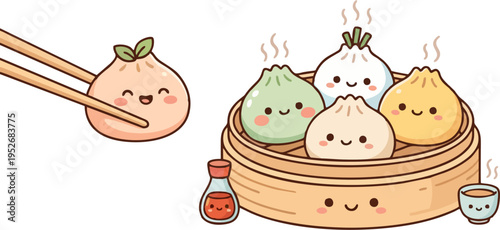 Cute Kawaii Dumpling Characters in Bamboo Steamer with Chopsticks – Dim Sum Cartoon Vector Illustration