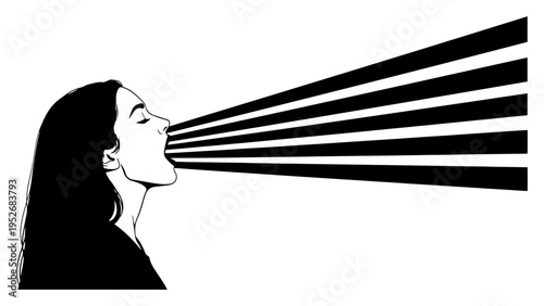 Woman silhouette screaming or singing with straight rays emitting from mouth minimalist black and white style