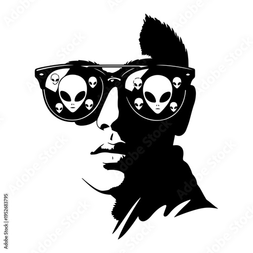 High contrast portrait of man wearing sunglasses with multiple alien head reflections graphic stencil style
