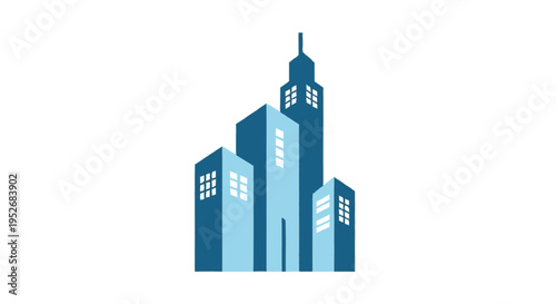 A stylized illustration of modern blue skyscrapers with illuminated windows against a white background.