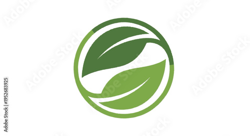 A circular logo featuring two stylized green leaves forming a yin-yang symbol, representing nature and balance.