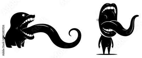 Surreal monster creatures with giant long tongues in minimalist cartoon style