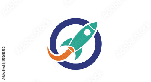 A stylized teal and orange rocket ship launching upwards within a dark blue circle, symbolizing speed, innovation, and progress.