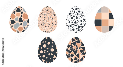 Five stylishly patterned eggs showcasing diverse artistic designs and color schemes.