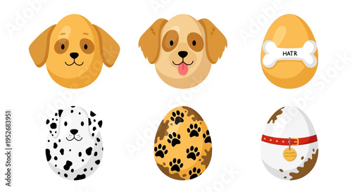 Cute cartoon dogs and decorated eggs with playful designs