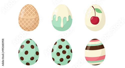 Easter eggs decorated with various playful and colorful patterns and designs