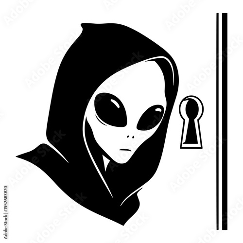 Alien figure wearing hoodie looking through keyhole in minimalist black and white style