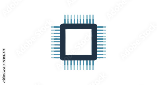 A stylized, minimalist illustration of a central processing unit (CPU) microchip with numerous pins extending outwards.