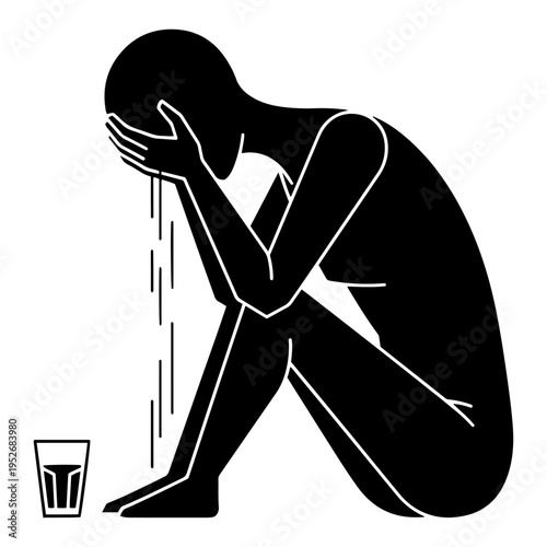 Depressed silhouette crying and filling water glass with tears in minimalist black and white style
