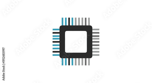 A stylized illustration of a black square integrated circuit chip with multiple pins extending outwards on all four sides.