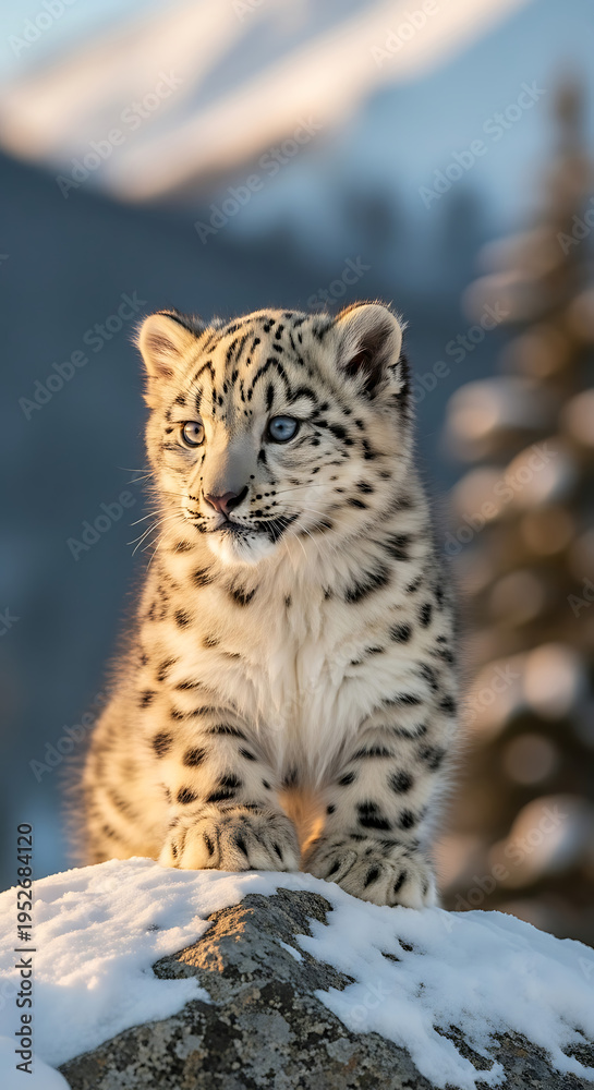 Fototapeta premium Cute Snow Leopard Cub Sitting on a Rock.