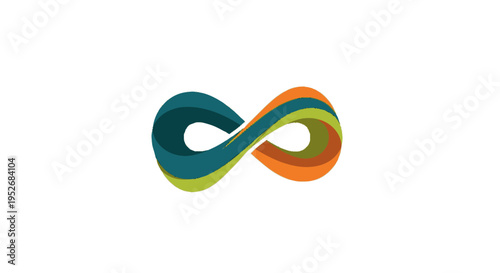 A stylized infinity symbol with flowing, layered bands of teal, green, and orange against a white background.