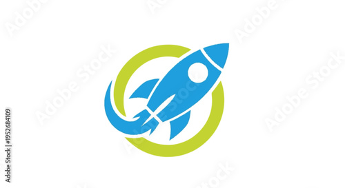 A stylized blue rocket ship with a white circle window and fiery exhaust trails, launching upwards within a swirling green circular motion graphic against a white background.