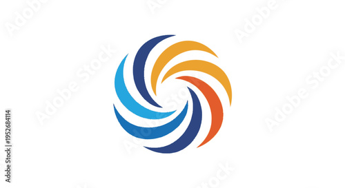 Abstract swirling vortex of blue, orange, and yellow curves against a white background, representing energy or motion.