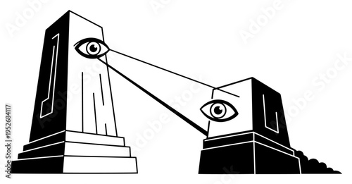 Monolithic structures with giant eyes observing each other in minimalist symbolic style