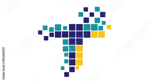 Abstract digital art logo composed of numerous small squares forming a stylized 'T' shape.