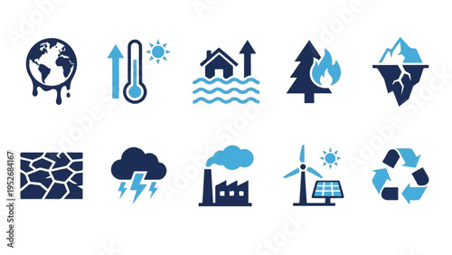 Environmental Crisis and Sustainability Icons Featuring Drought, Flooding, and Recycling Symbols