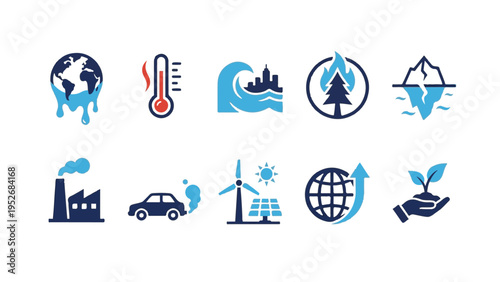 Climate Change and Global Warming Icon Set with Environmental Issues and Renewable Energy Solutions