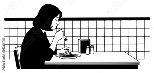 Lonely girl eating meal at diner table against tiled wall in minimalist noir style