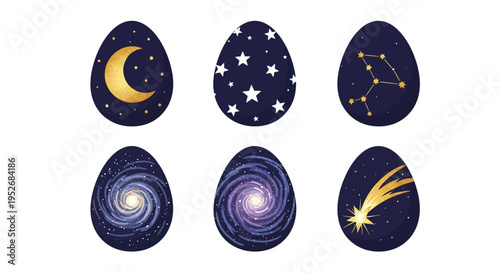 Easter eggs decorated with celestial and cosmic space-themed designs.