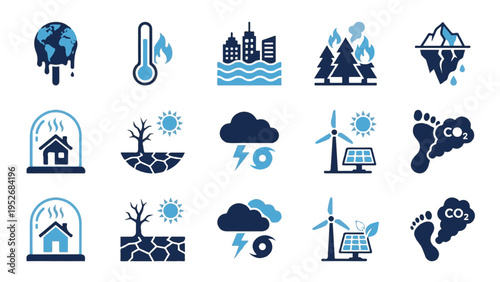Global Warming Impact Icons Set with Carbon Footprint, Greenhouse Effect, and Natural Disasters
